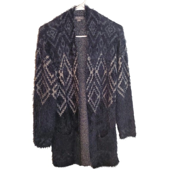 Eddie Bauer Women's Cardigan Medium Blue Open Front Aztec Geometric Fluffy - Picture 3 of 10